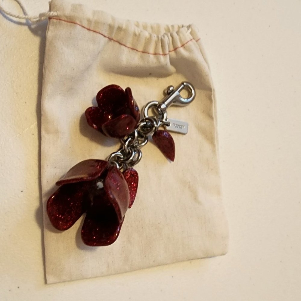 Coach Red Glitter Tea Rose Keychain